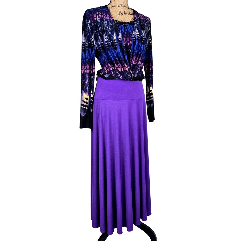 Vintage 90s Complements by Erin London Purple Feather Print Set Skirt S/M Top M